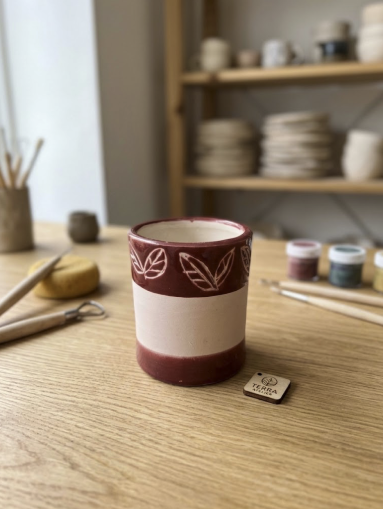 🌿 Tazza Artigianale in Ceramica con Incisione Foglie – Rosso Bordeos & Bianco